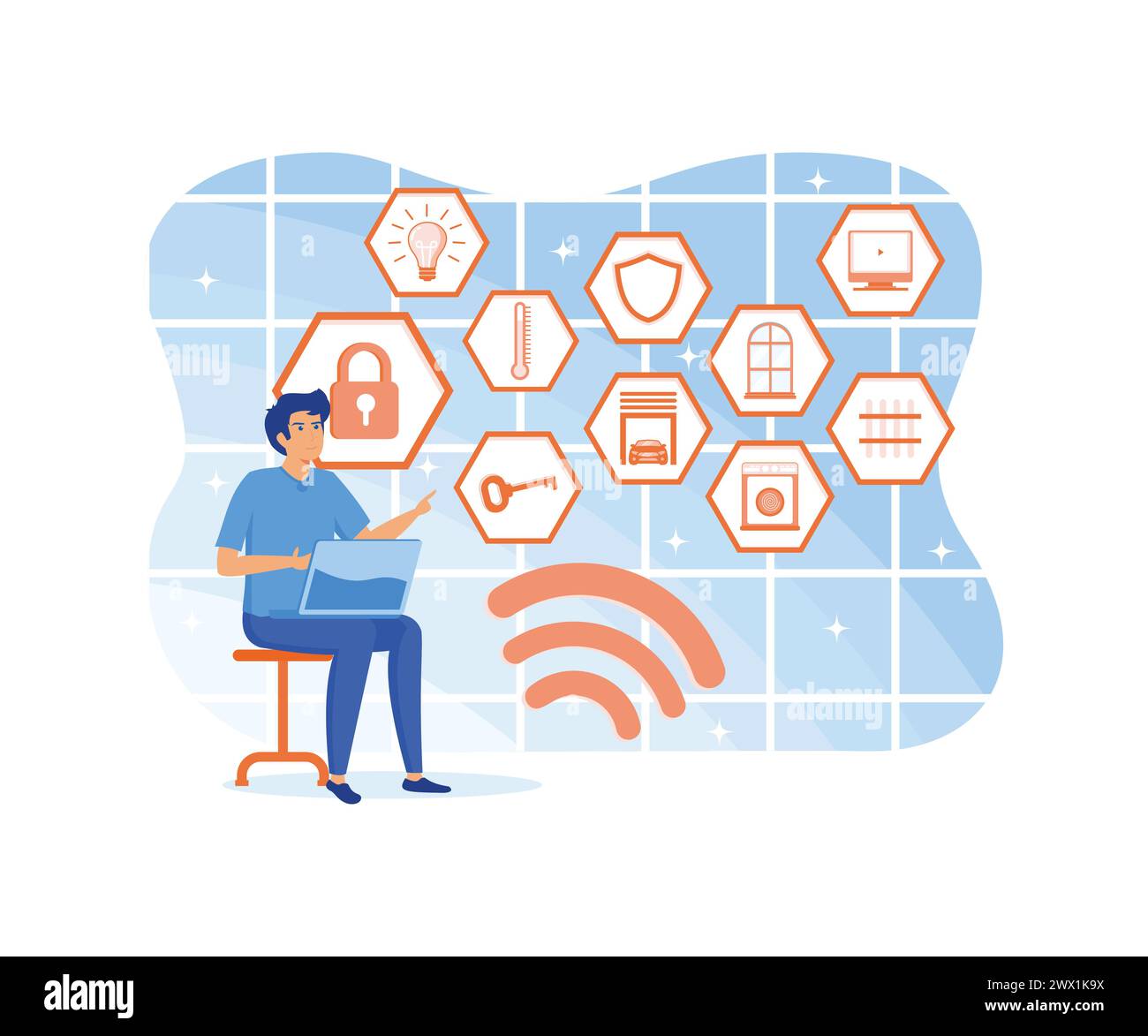 Bearded man with smartphone with smart home control function. Home technology system with smartphone control. flat vector modern illustration Stock Vector