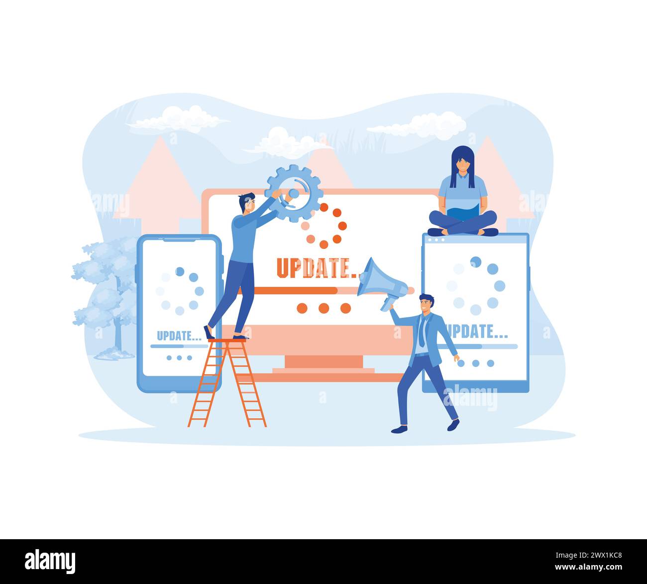 Update software mini people work with upgrade system. flat vector modern illustration Stock Vector