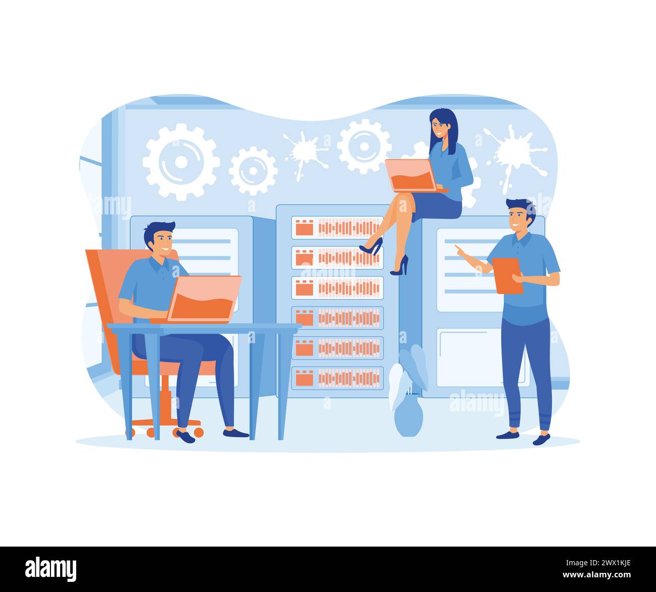 System administrators or sysadmins are servicing server racks. System ...
