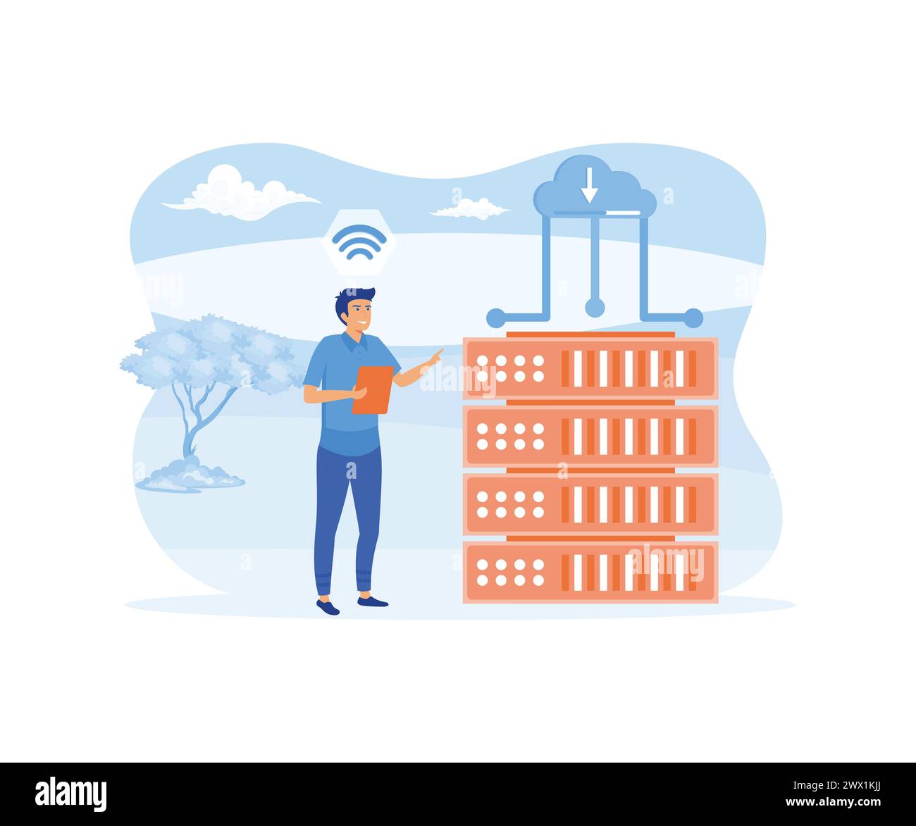 Web hosting concept. Concept of cloud computing, online database, technology. flat vector modern illustration Stock Vector