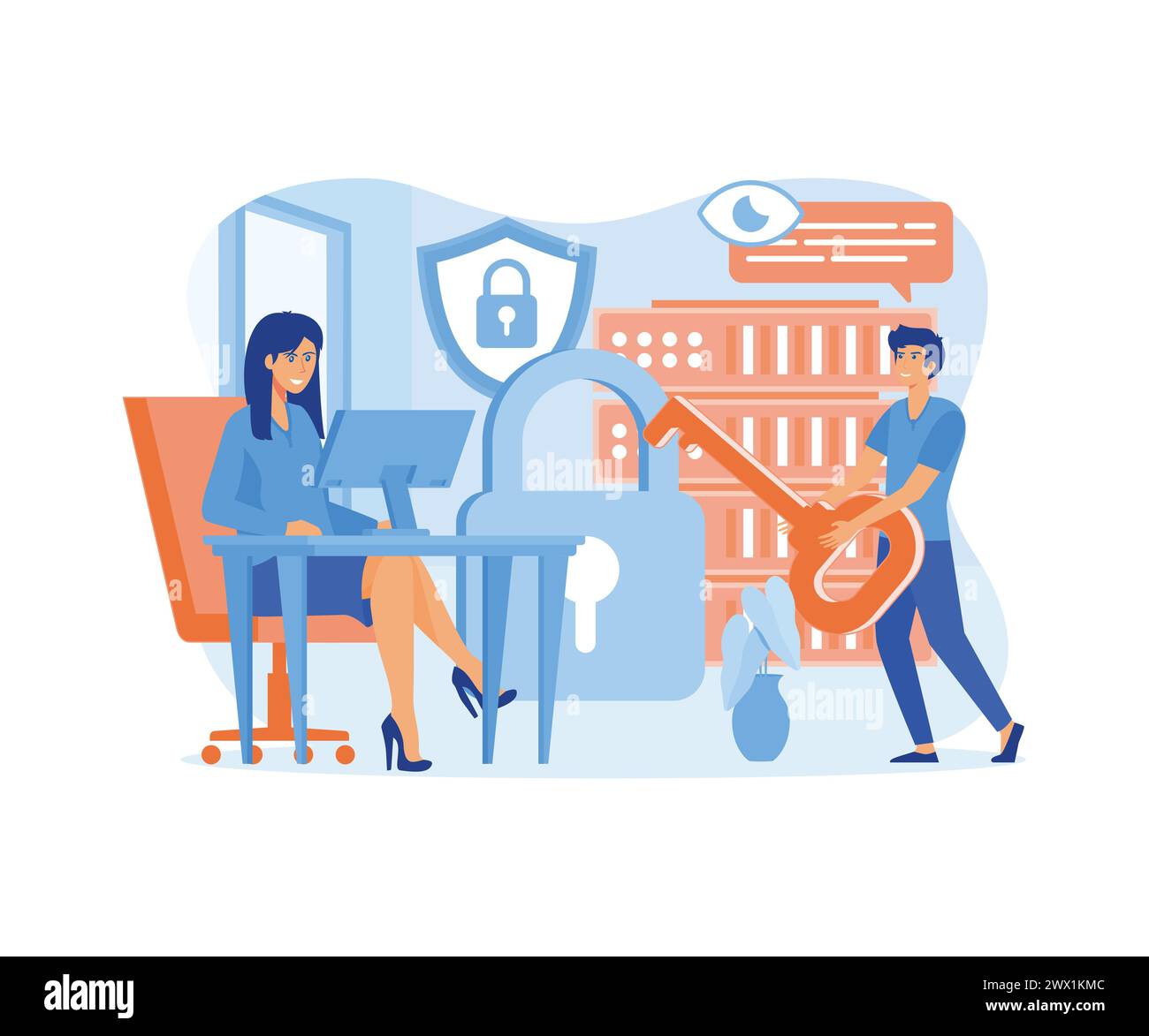 Data Protection decorated people character for website and mobile website development. flat vector modern illustration Stock Vector