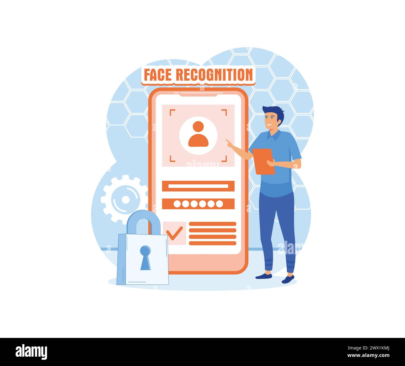 Man standing with a phone, identifies a face. Concept of facial recognition, face ID system, biometric identification. flat vector modern illustration Stock Vector