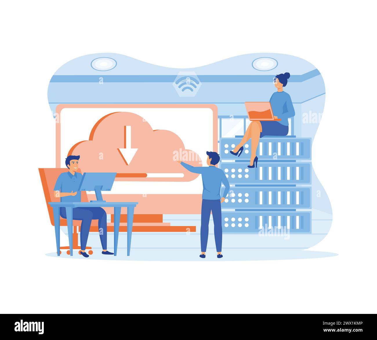 Concept of cloud computing, online database, technology, security, computer. flat vector modern illustration Stock Vector