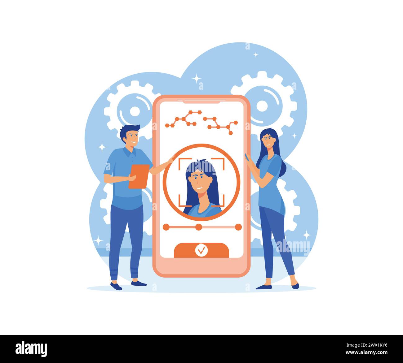 Face recognition and data safety. Mobile phone users getting access to data after biometrical checking. flat vector modern illustration Stock Vector