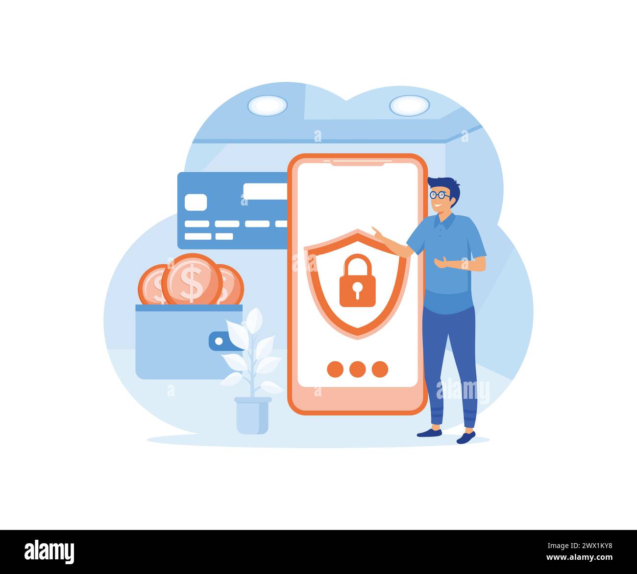 Mobile Data Protection Concept with Guard Character Protect Smartphone With Lock On Screen. Internet Security Service For Information Privacy, Secure Stock Vector