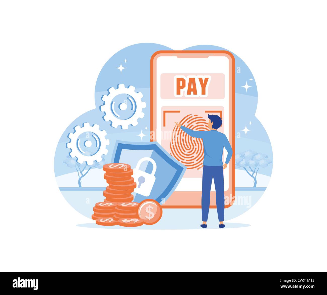 Secure payment concept for web banner design. Man makes online payment confirming his identity with fingerprint. flat vector modern illustration Stock Vector
