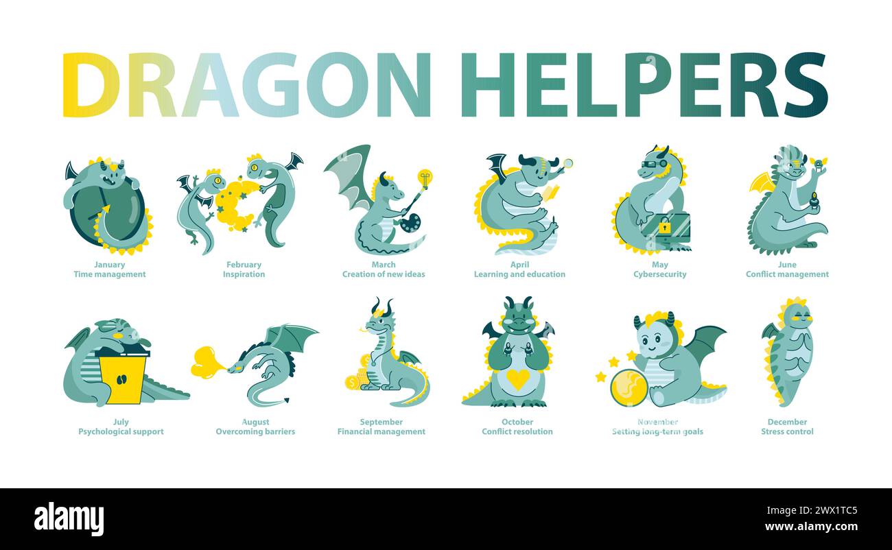 Dragon Helpers set. Monthly themes featuring charismatic dragons aiding in tasks from time management to stress control. Charming guide to year-round personal development. Vector illustration. Stock Vector