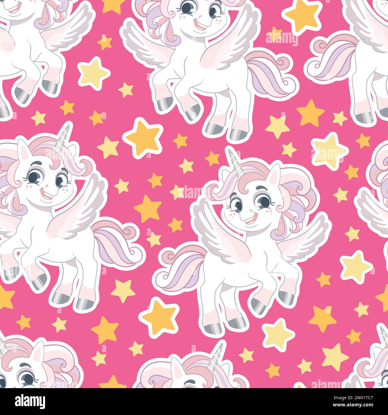 Seamless pattern with cute unicorns and stars pink vector illustration ...