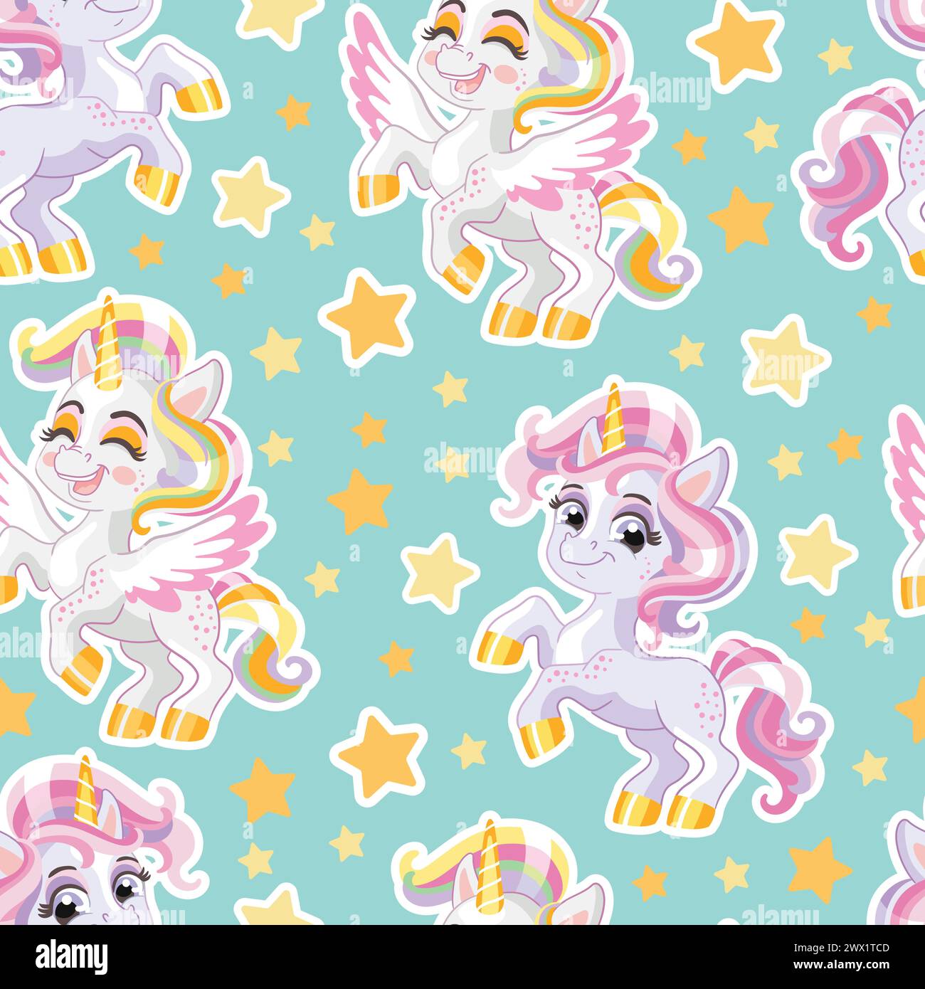 Seamless pattern with cute unicorns and stars turquoise vector Stock Vector