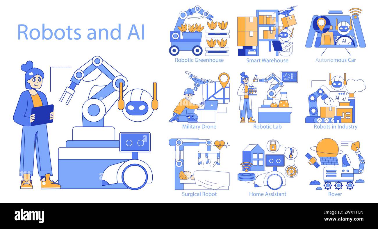 Robots and AI set. Diverse applications of robotics in daily life and industry. Technology in agriculture, logistics, healthcare, and exploration. Vector illustration. Stock Vector