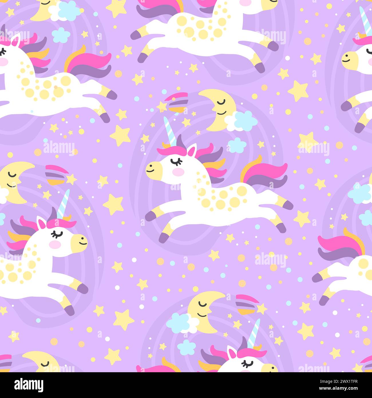 Seamless pattern doodle unicorns in starry sky vector illustration ...