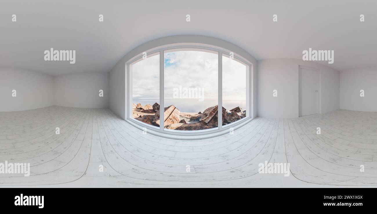 Room with window overlooking mountain and sea 360 panorama vr ...