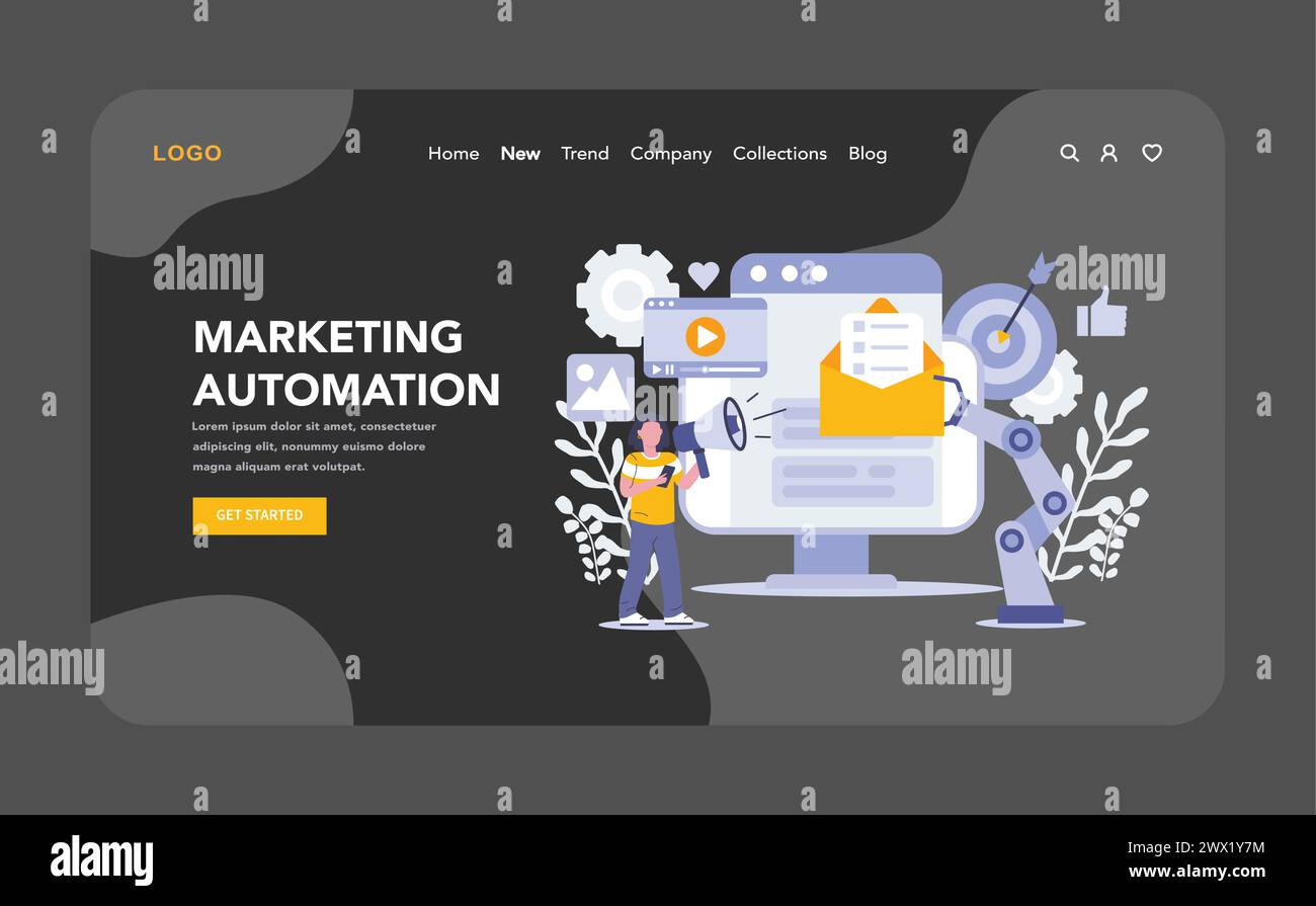 Marketing automation night or dark mode web or landing page. Streamlined digital campaigns with automated workflows and analytics for targeted customer outreach. Vector illustration. Stock Vector