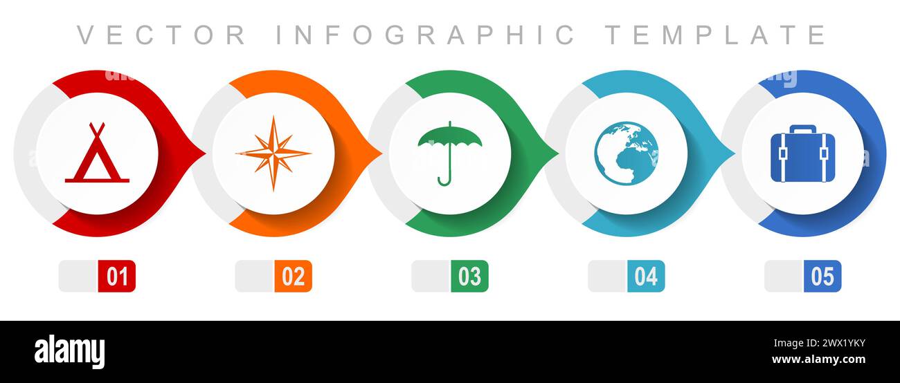 Adventure flat design infographic template, miscellaneous symbols such as tent, navigation, umbrella, globe and case, vector icons collection Stock Vector