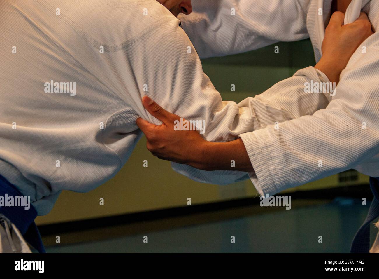 martial arts in this case jiu jitsu where you can see details of the kimono, blue belt, sweeps, grips... Stock Photo