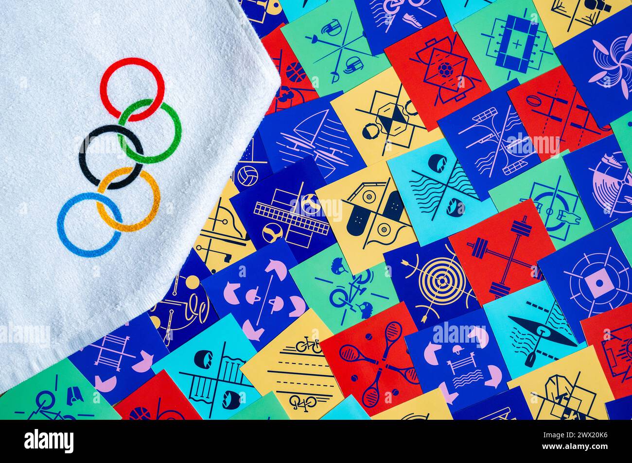 PARIS, FRANCE, MARCH 26, 2025 Olympics rings and pictogram of all