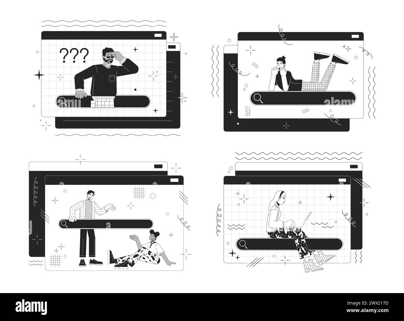 Searching information online 2D linear illustration concept set Stock Vector