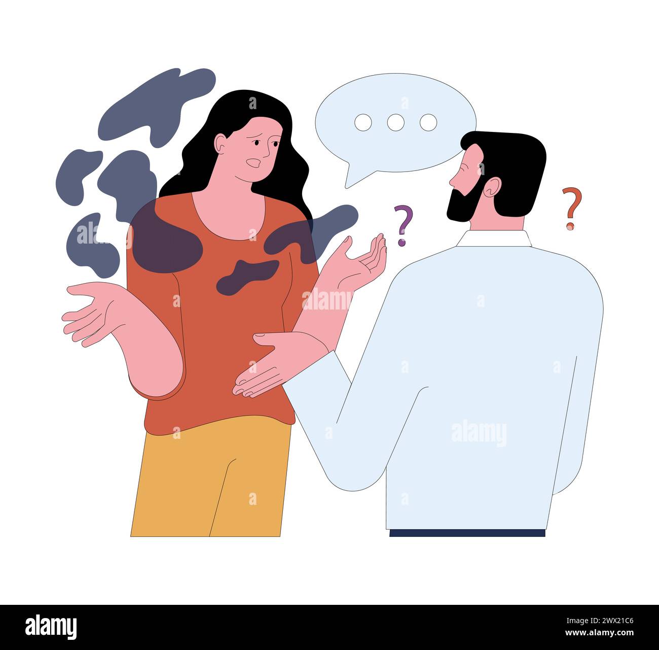 Fear of being misunderstood. Concerned tense woman, puzzled not understanding man, conflicts in the couple. Problems in communication, crisis in relationship. Flat vector illustration Stock Vector