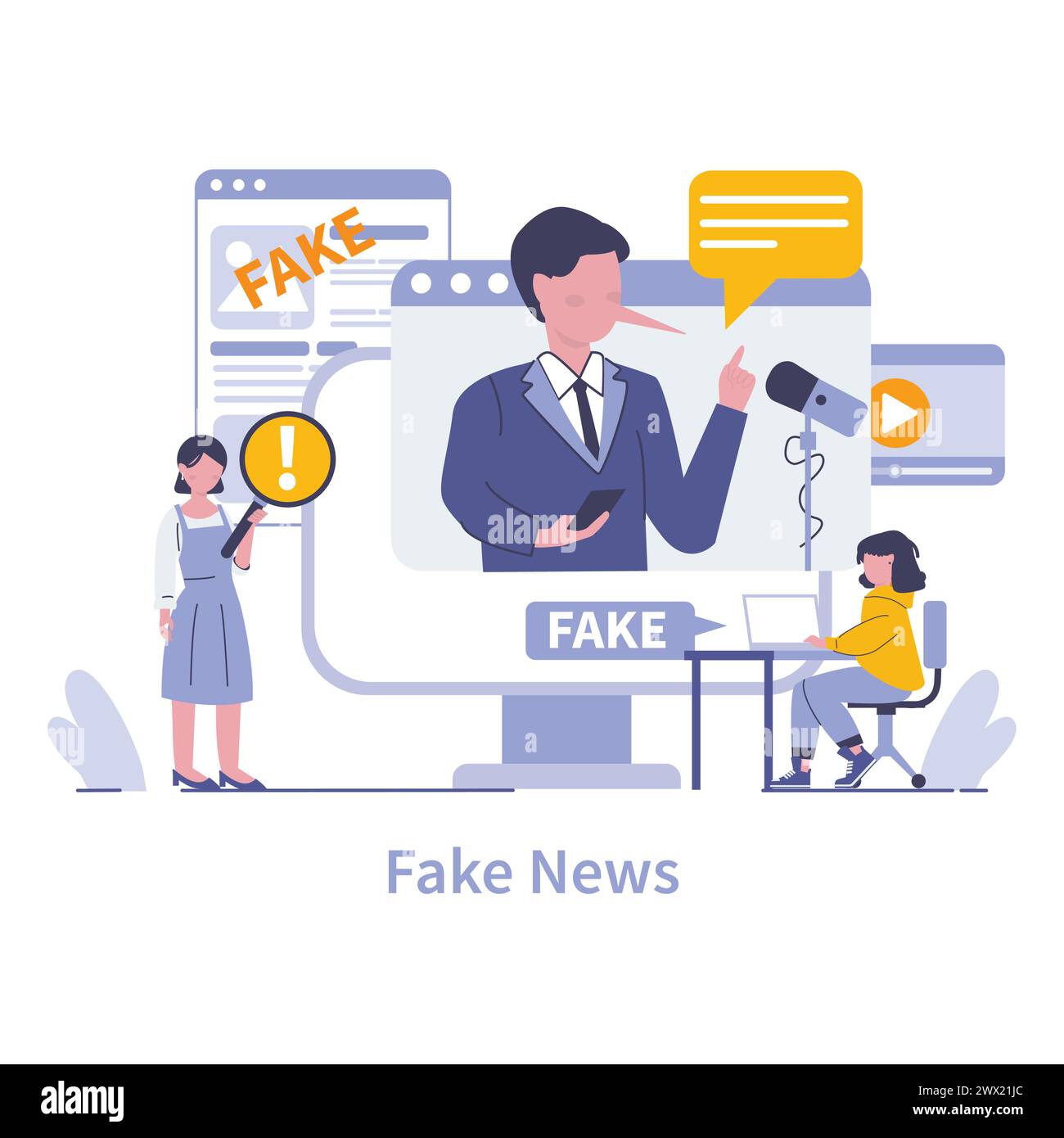 Fake News concept. The spread of misinformation through digital media highlighted with cautionary symbols and skeptical characters. Vector illustration. Stock Vector