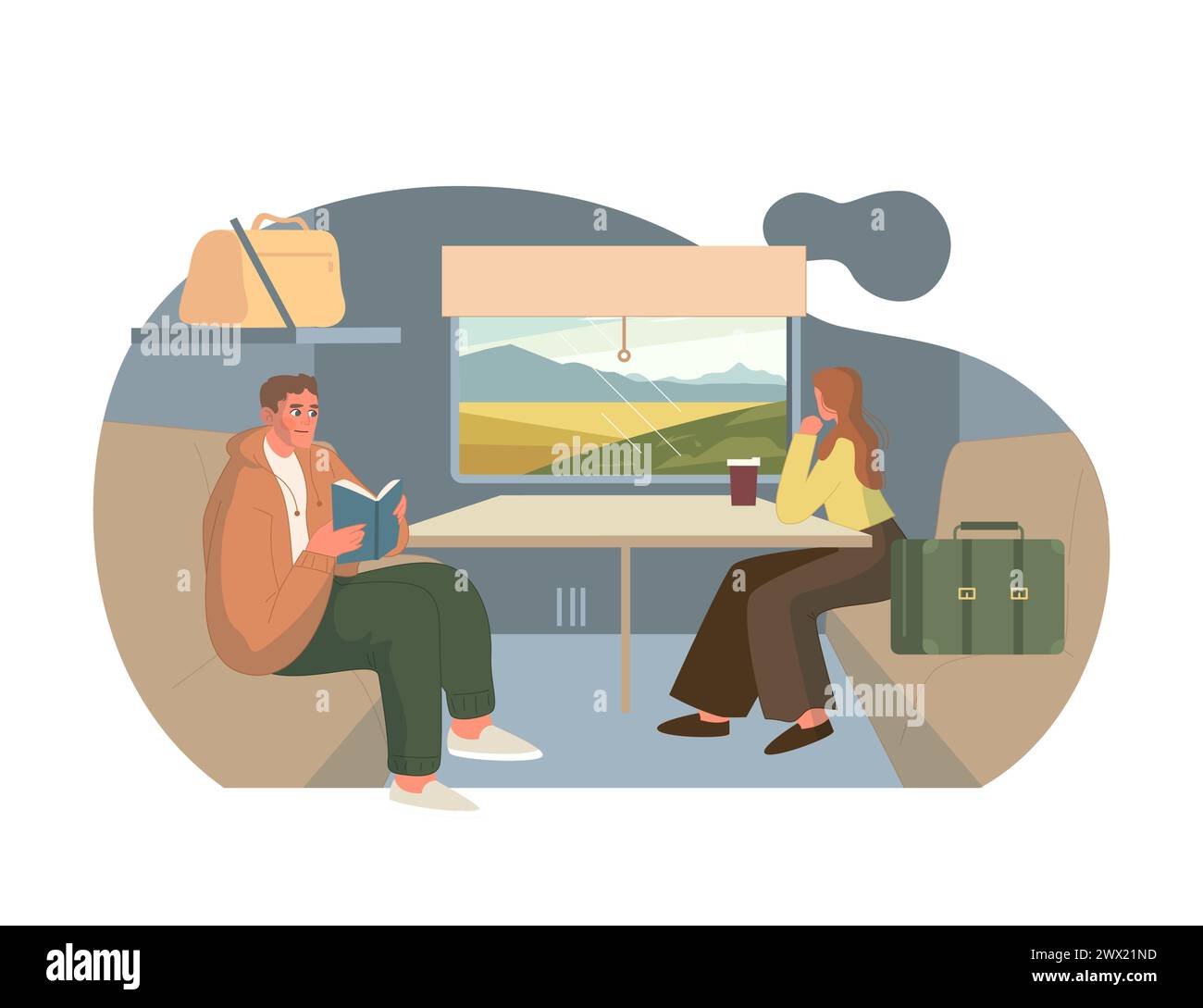 Relaxed Travel by Train. Passengers engrossed in books and contemplation, traveling in comfort with scenic views from a train window. Stock Vector
