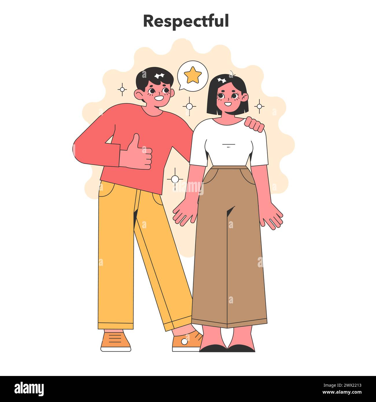 Mutual respect concept. Two individuals sharing a positive gesture, reflecting esteem and admiration with a star symbol. Acknowledgment and appreciation. Vector illustration Stock Vector