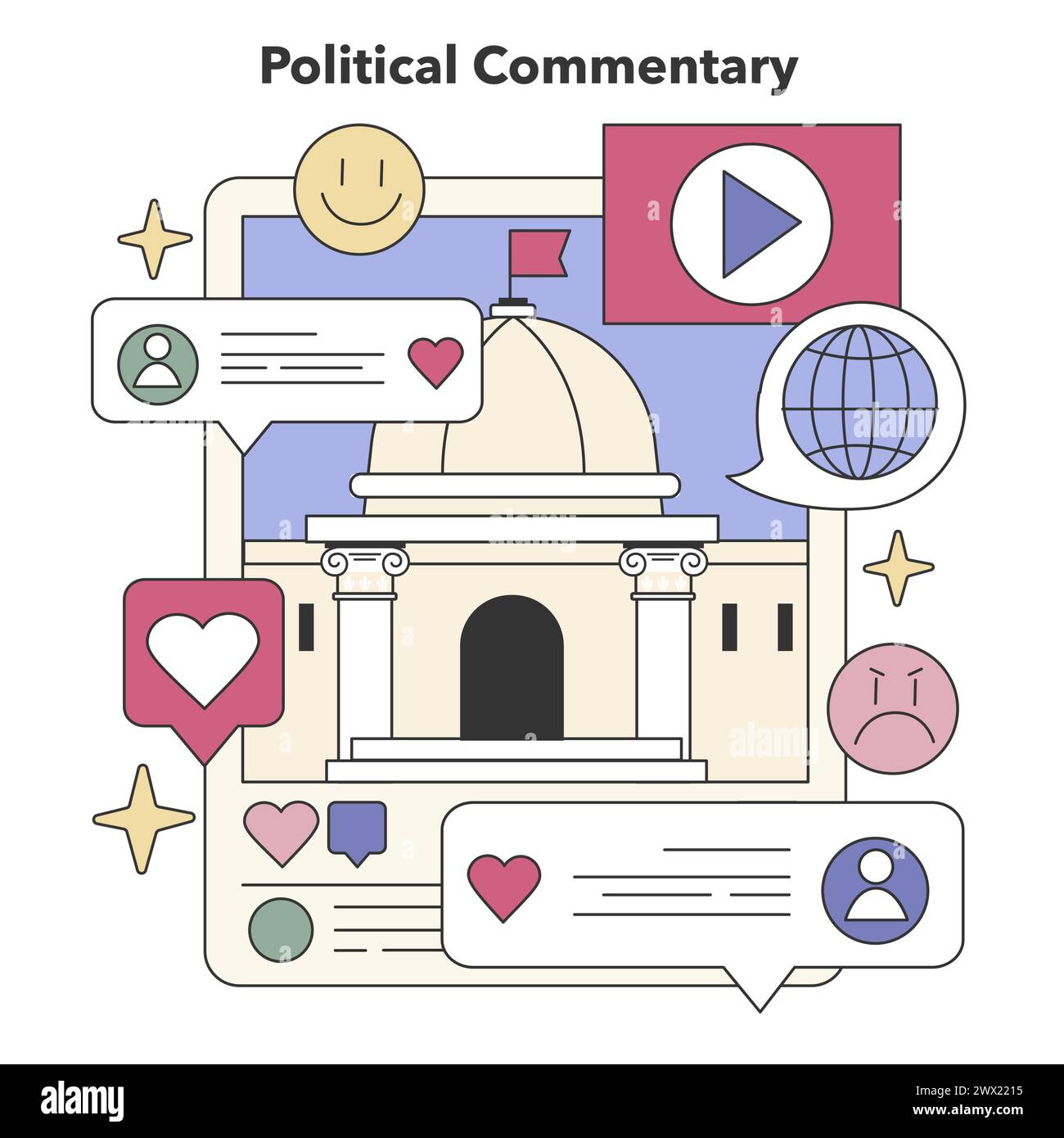Civic Discourse set. Engaging in societal debates and global issues through online platforms. Interactive political dialogue and awareness. Flat vector illustration Stock Vector