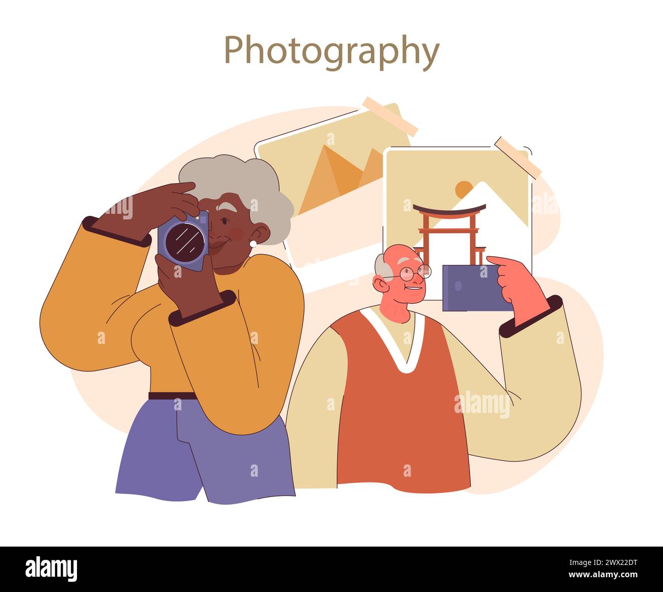 Retirees' Activities concept. Senior woman capturing the world through her lens, with a partner sharing in the creative pursuit of photography. Stock Vector
