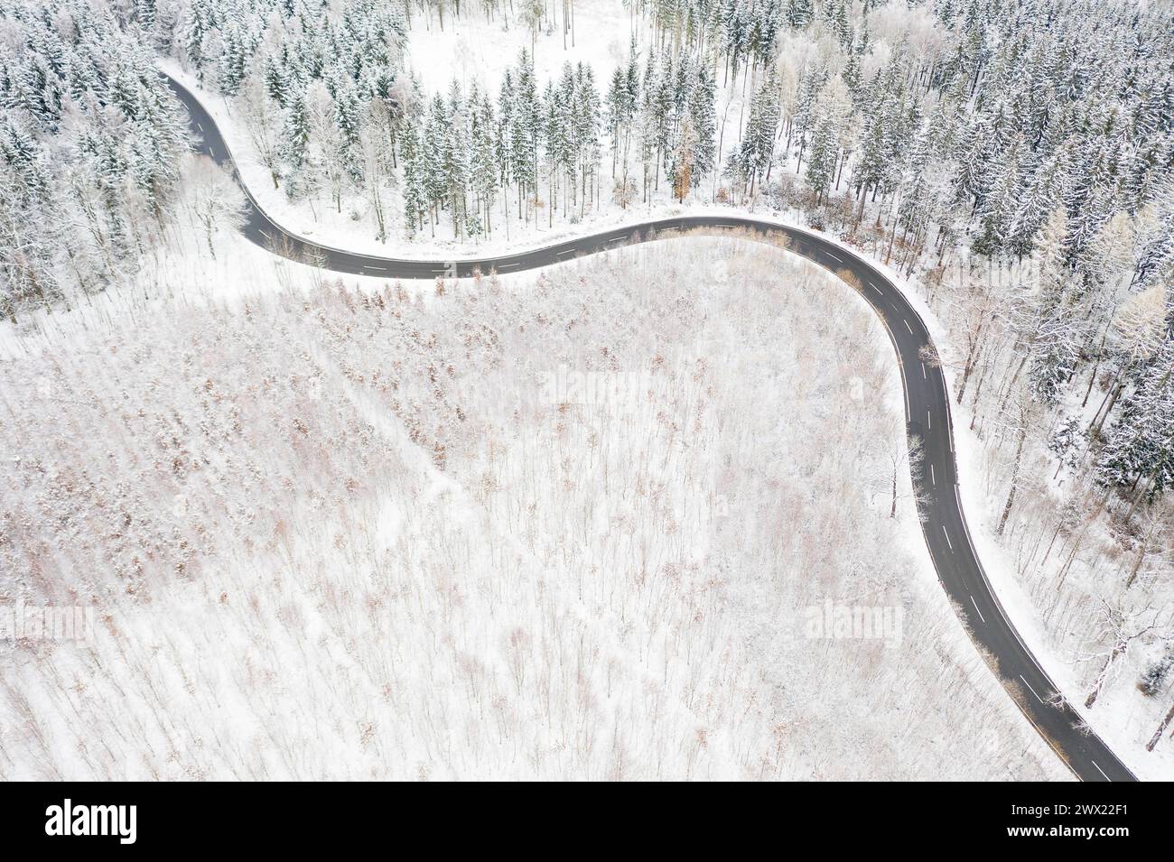 Luftbild einer kurvenreichen Landstraße und Wald im Schnee, zwischen Eppendorf und Leubsdorf, Mittelsachsen, Deutschland *** Aerial view of a winding Stock Photo