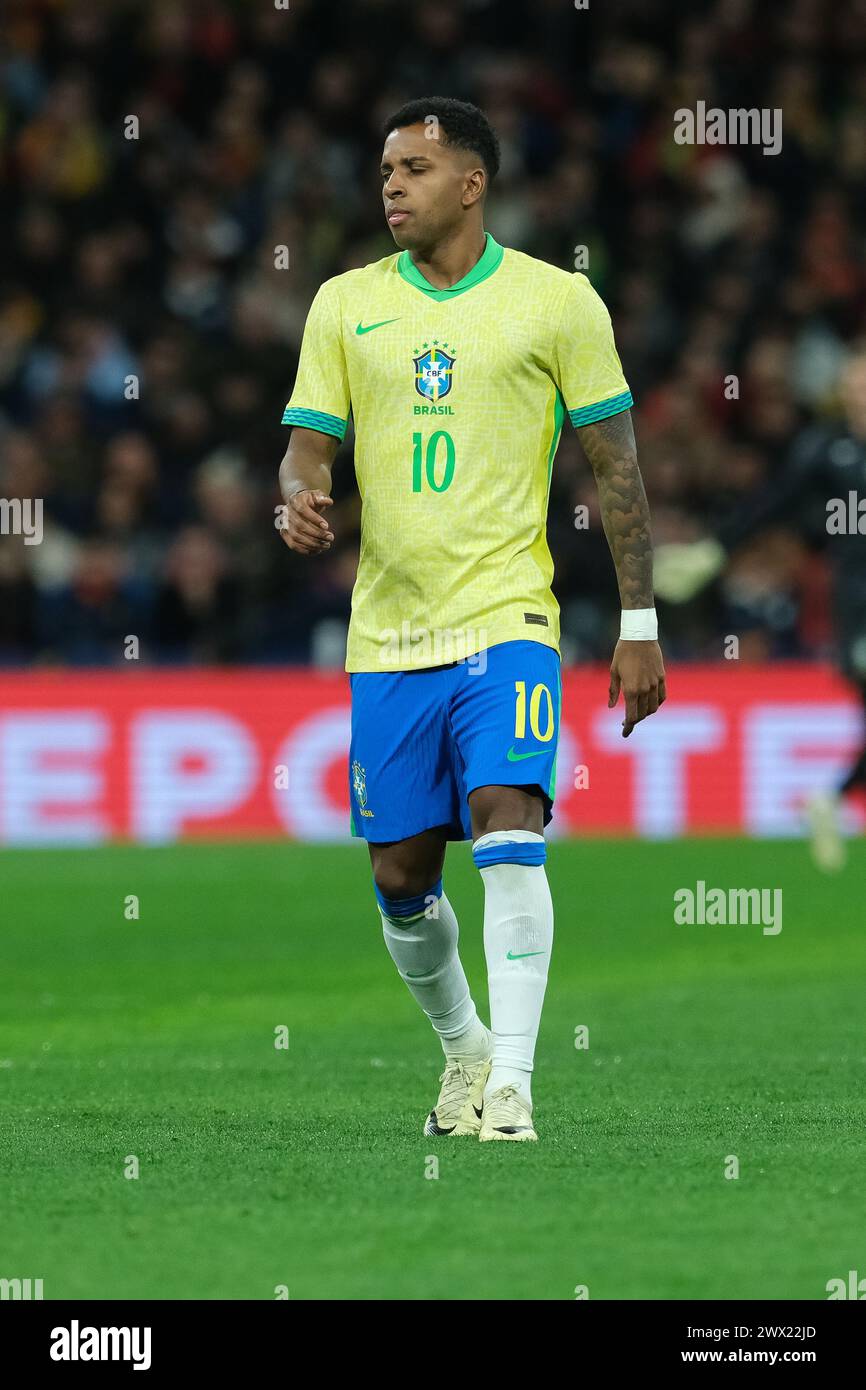 Raphinha  of Brazil during the friendly match between Spain and Brazil at Santiago Bernabeu Stadium in Madrid on March 26  Spain Stock Photo