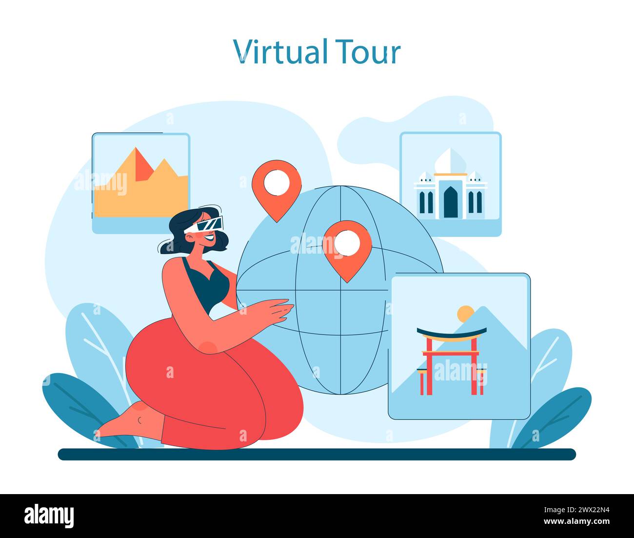 Virtual Tour concept. Woman navigates global landmarks from pyramids to palaces with virtual reality, enriching travel from home. Vector illustration. Stock Vector