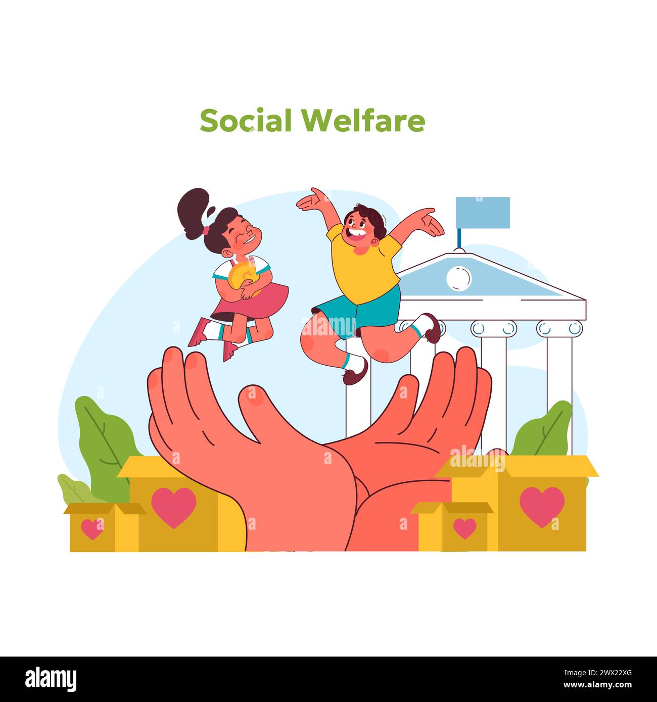 Child rights concept. Exuberant children buoyed by society support, exemplifying the spirit of communal care and social welfare. Protecting kids with government help. Vector illustration Stock Vector