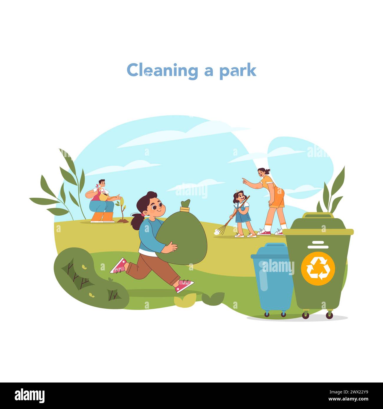 Park preservation concept. Eager young volunteers gather litter ...