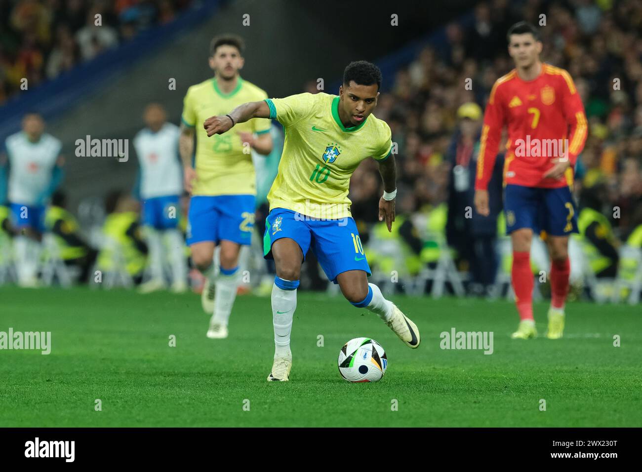 Raphinha  of Brazil during the friendly match between Spain and Brazil at Santiago Bernabeu Stadium in Madrid on March 26  Spain Stock Photo