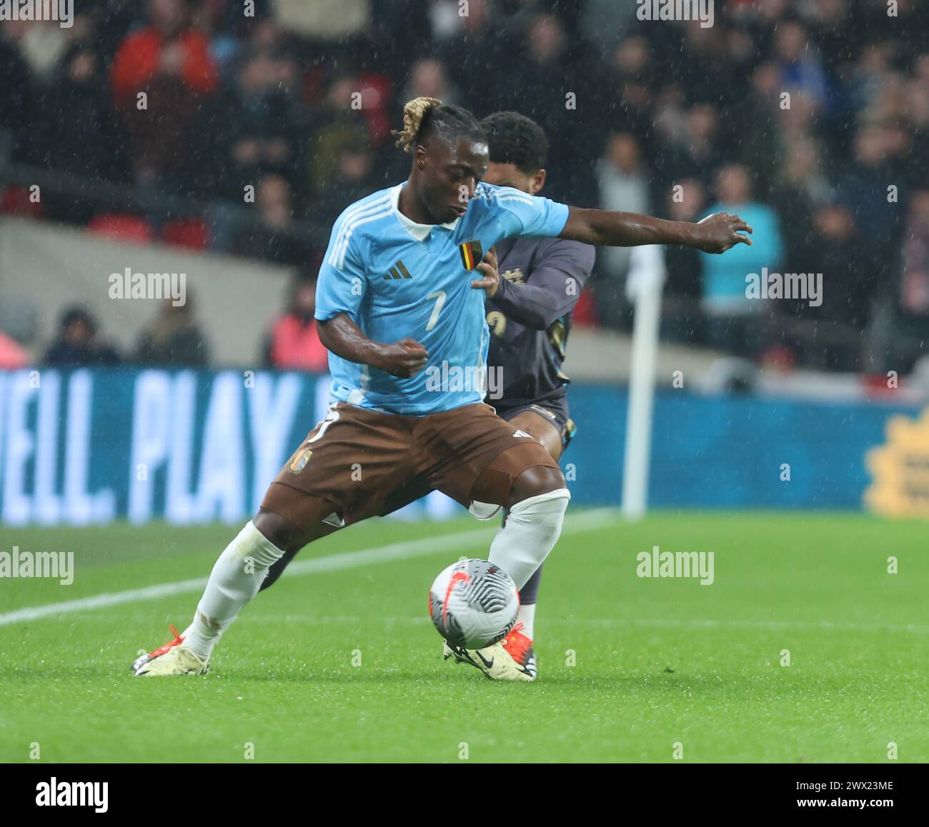 Jeremy Doku(Manchester City)of Belgium in action  during International Friendly soccer match between England and Belgium at Wembley stadium, London, U Stock Photo