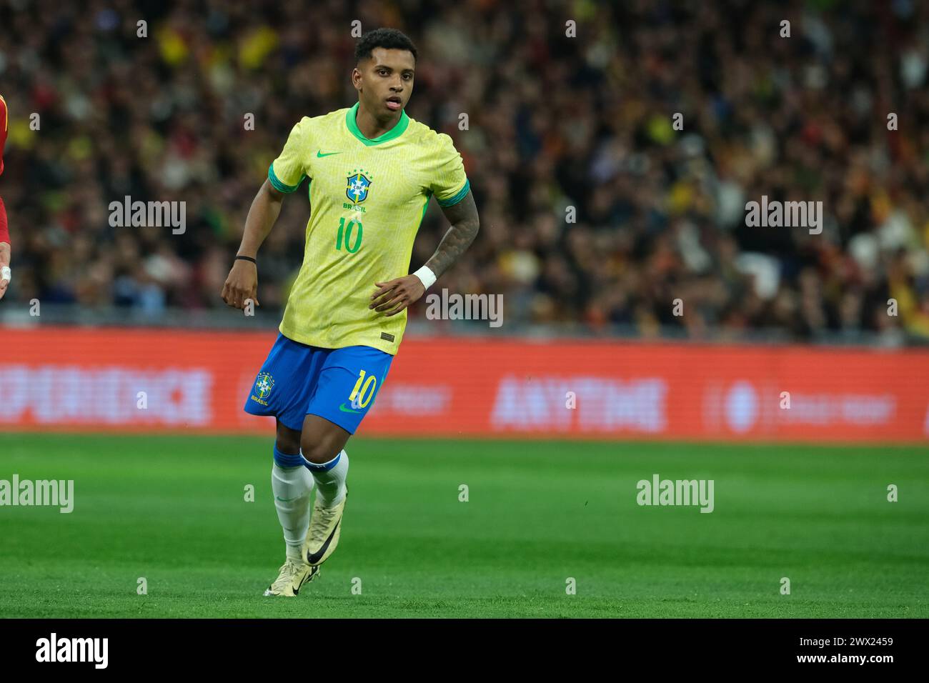 Madrid, Spain. 27th Mar, 2024. Raphinha of Brazil during the friendly match between Spain and Brazil at Santiago Bernabeu Stadium in Madrid on March 26 Spain (Photo by Oscar Gonzalez/Sipa USA) Credit: Sipa USA/Alamy Live News Stock Photo