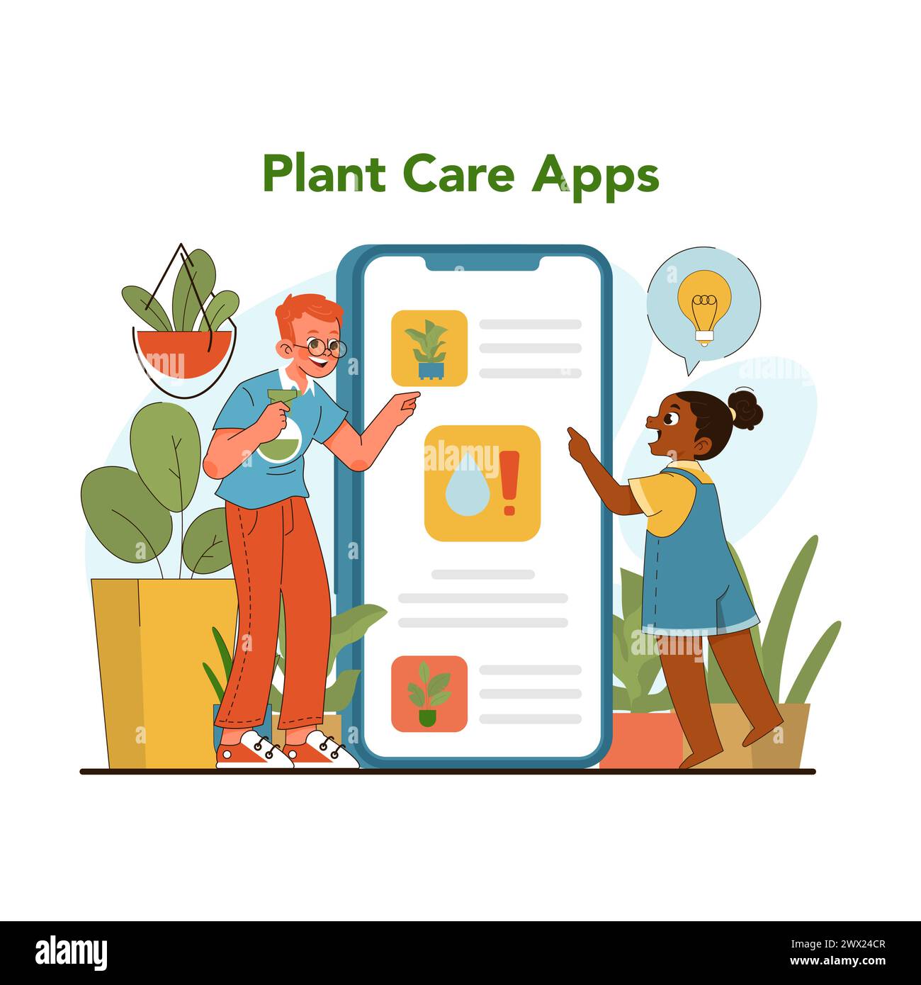 Interactive plant care app. Engaged young boy and girl learn plant ...