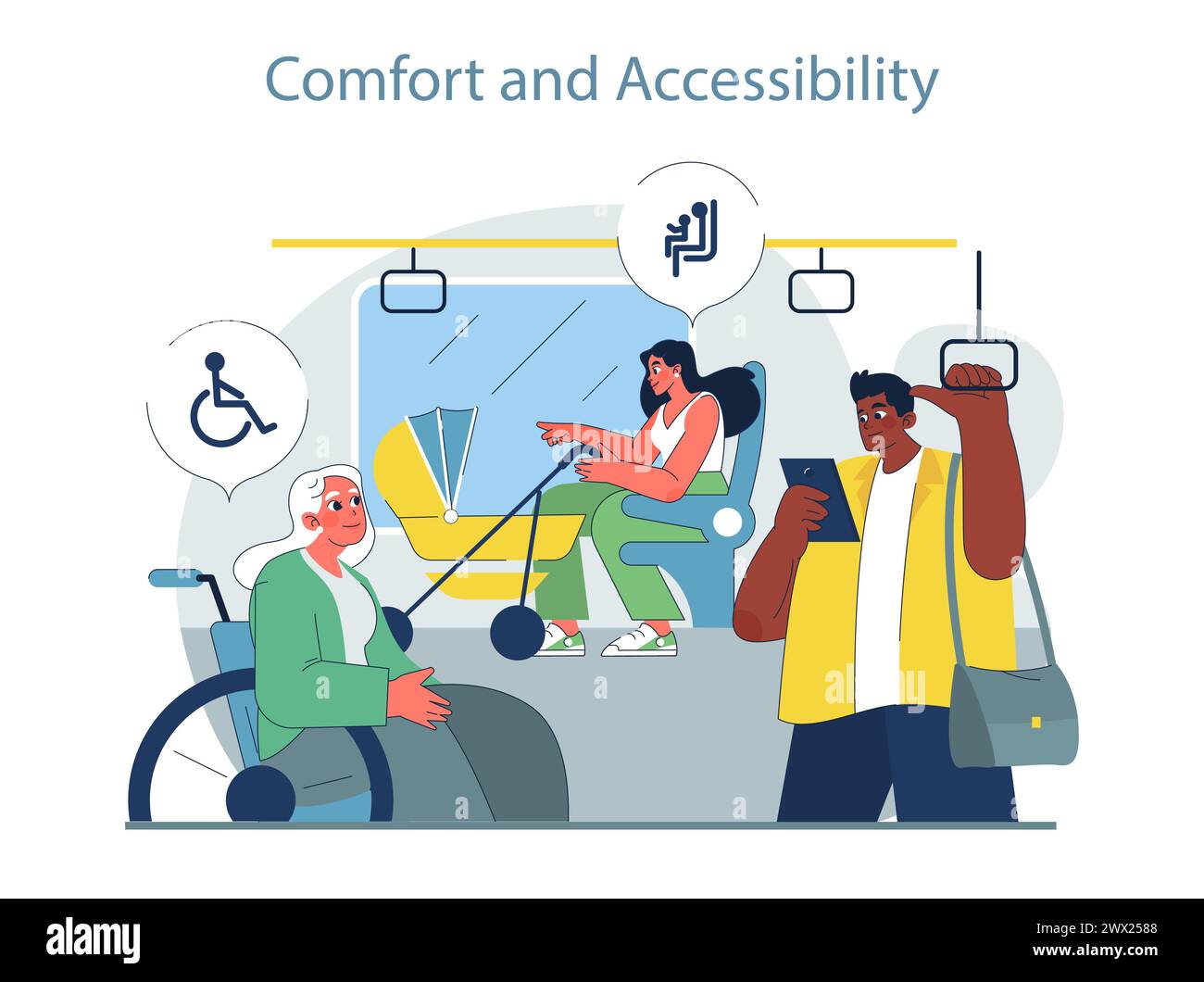 Comfort and Accessibility concept. Diverse passengers using inclusive public transit features. Enhancing urban travel for all. Stock Vector
