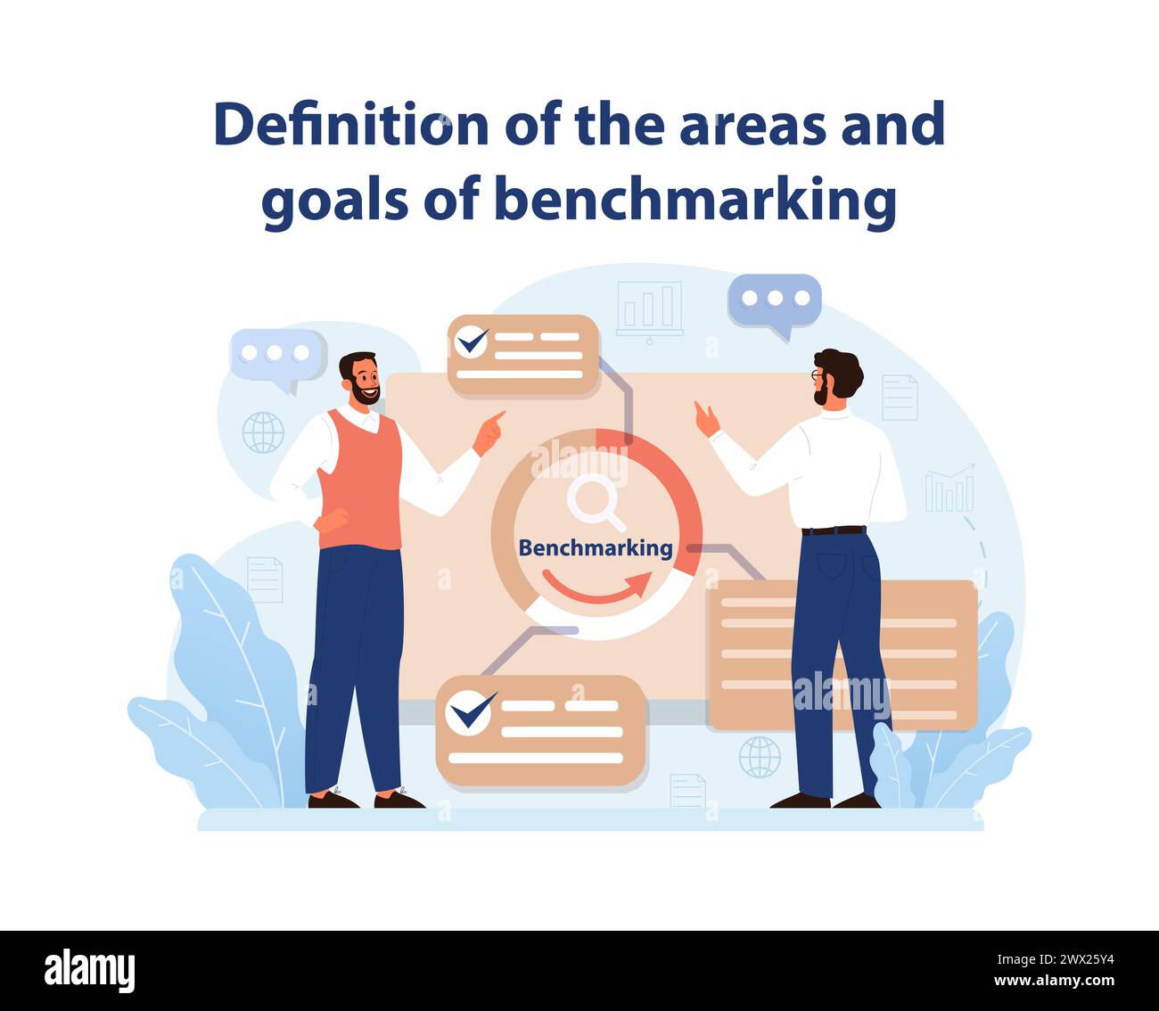 Benchmarking Essentials Vector. Two professionals engaging in strategic planning for benchmarking objectives and scope. Stock Vector