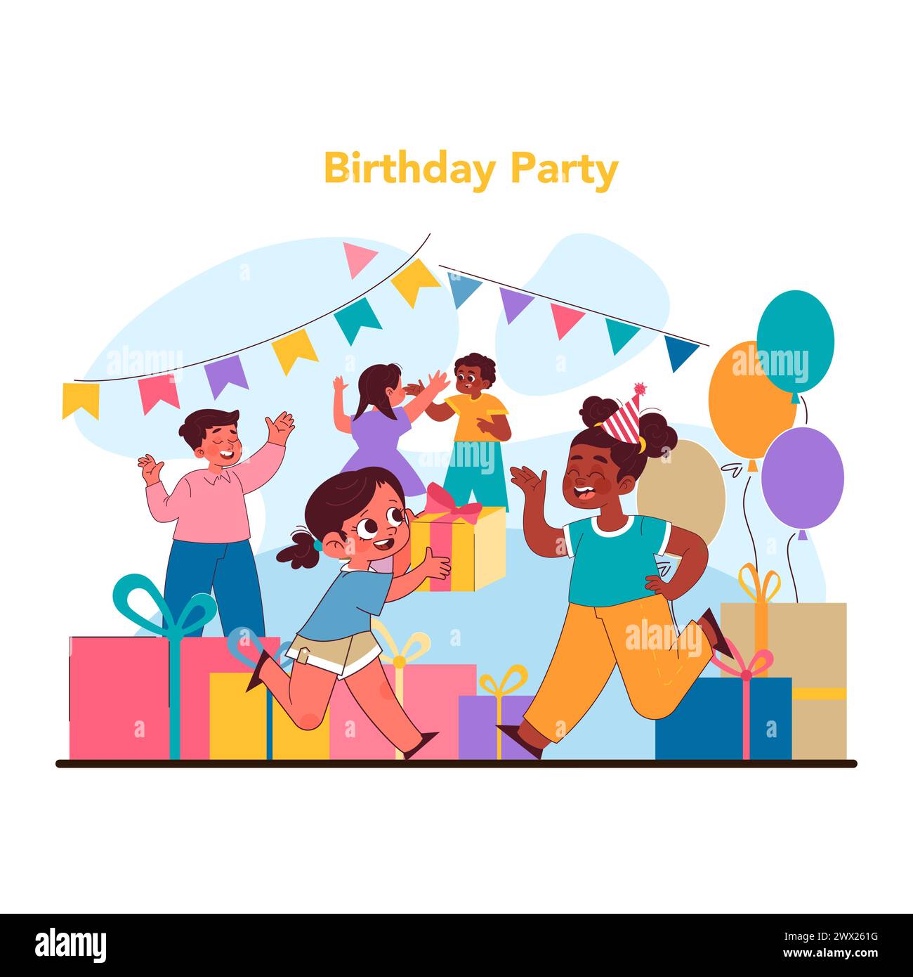 Child birthday concept. Gleeful kids at festive birthday bash, exchanging gifts and basking in joy of togetherness and celebration. Bright banners and balloons adorn moment. Flat vector illustration Stock Vector