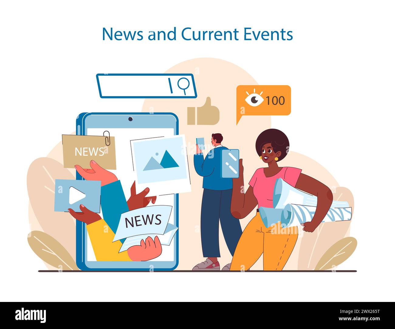 Digital News Consumption concept. Users interact with current events through various digital formats. A blend of information and technology in modern media. Flat vector illustration. Stock Vector
