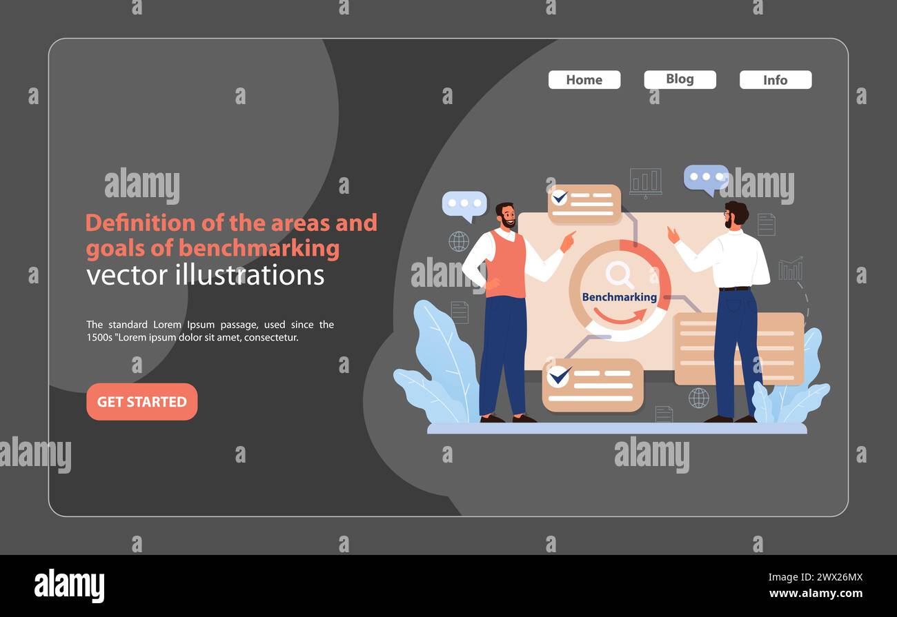 Benchmarking Essentials Vector. Two professionals engaging in strategic planning for benchmarking objectives and scope. Stock Vector