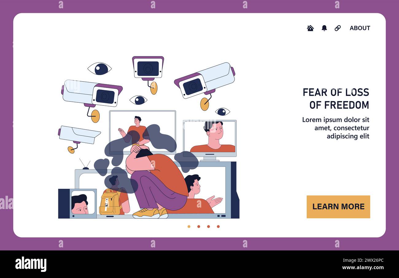 Fear of loosing freedom web or landing. Young man being watched through the security CCTV cameras. Surveillance, total control or monitoring, invasion of privacy. Flat vector illustration Stock Vector