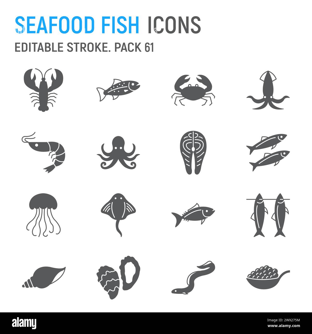 Seafood and fish glyph icon set, sea animals collection, vector graphics, logo illustrations, ocean animals vector icons, seafood and fish signs, soli Stock Vector