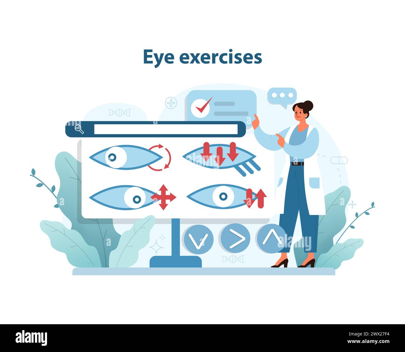 Eye Exercise Guide Illustration. A doctor recommends ocular exercises to maintain eye health, featuring direction arrows and eye diagrams. Flat vector illustration. Stock Vector