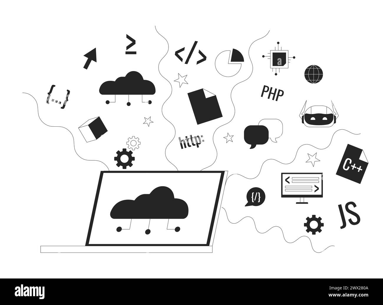 Cloud based software development black and white 2D line cartoon object Stock Vector