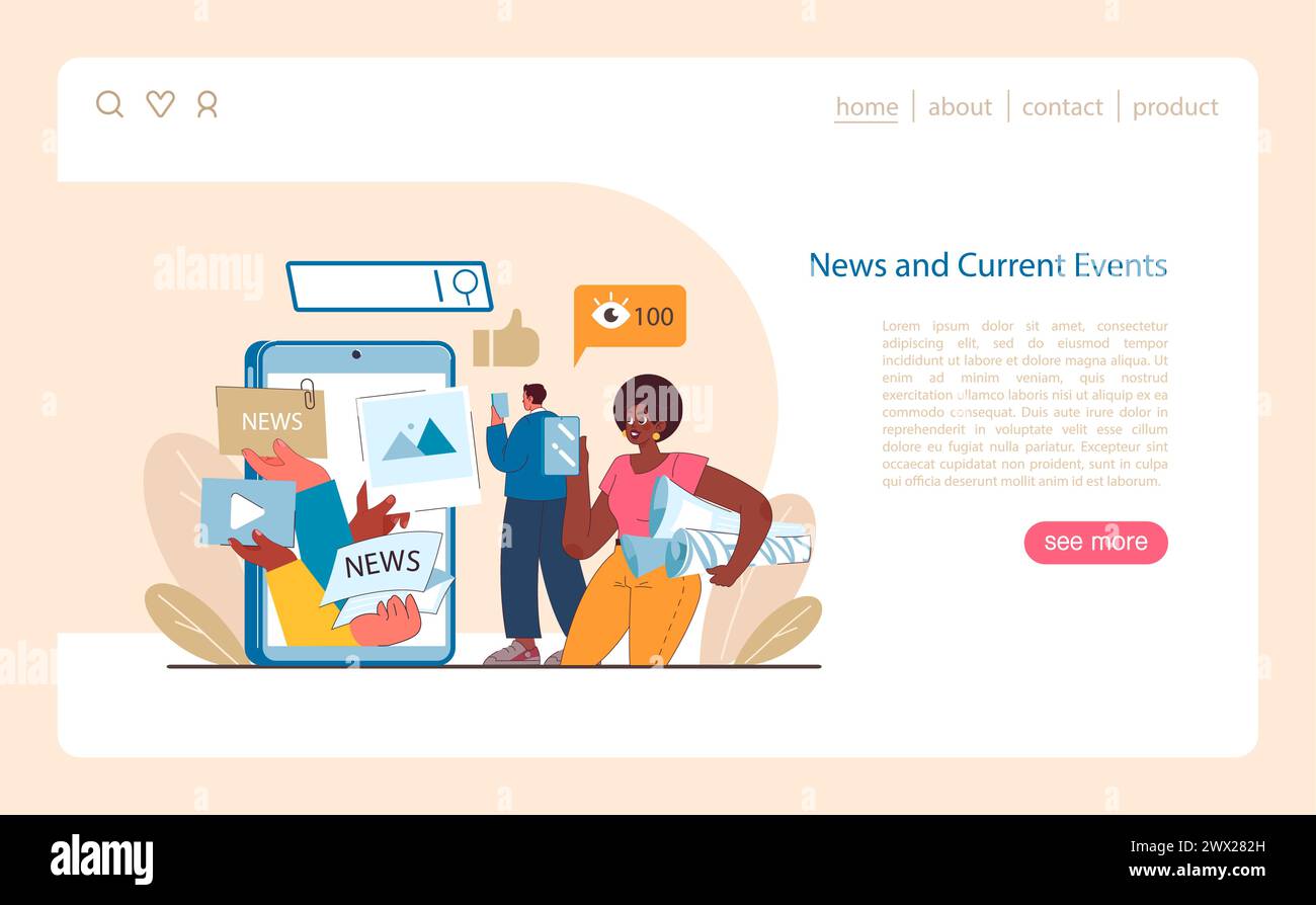 Digital News Consumption concept. Users interact with current events through various digital formats. A blend of information and technology in modern media. Flat vector illustration. Stock Vector