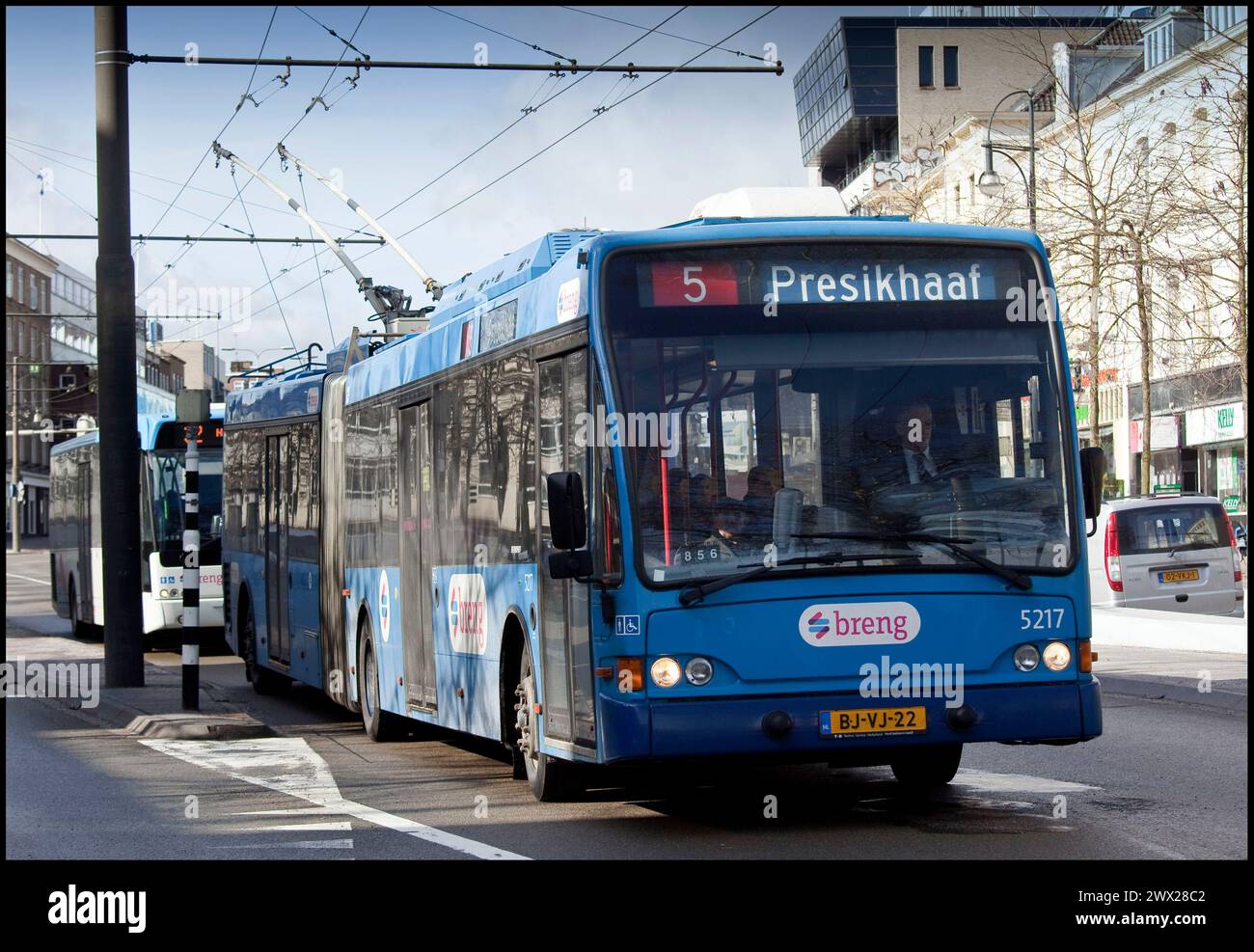 Trolleybus, powered by two electric motors using an overhead line in