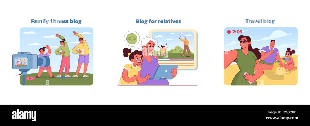 Family blog set. Highlights active family lifestyle, intergenerational connections, and travel joys. Showcases fitness routines, bonding with grandparents, and beach adventures. Vector illustration Stock Vector
