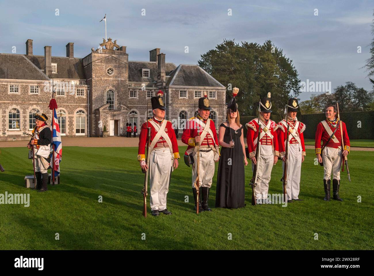 Country mansion British society wealth landed gentry private home Farleigh Wallop House, Farleigh Wallop, Hampshire. Lady Clementine Wallop with pretend weekend re-enactment soldier group. UK 2008 2000s HOMER SYKES Stock Photo