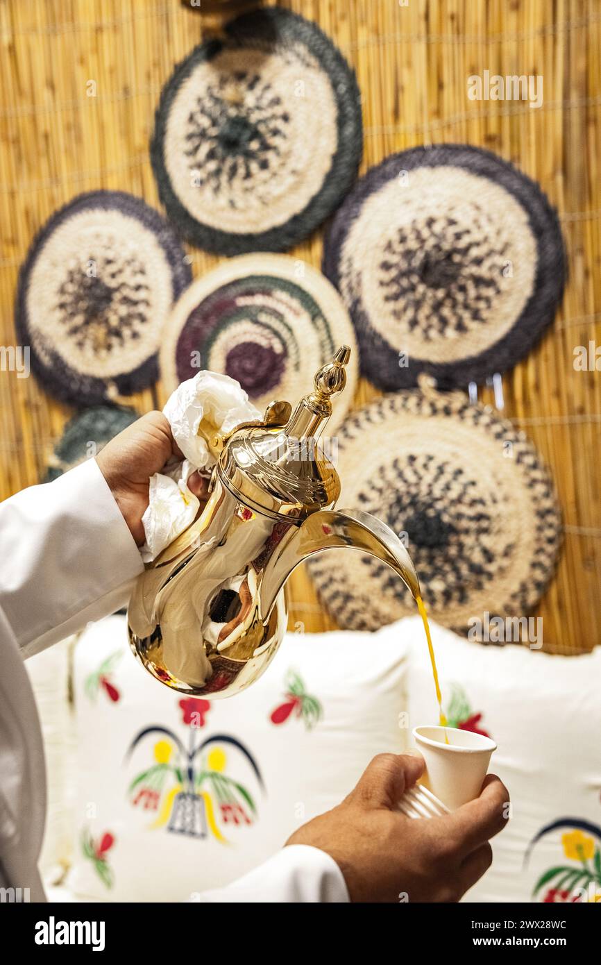 An Arab man in white kandura serving, pouring Arabic coffee to a ...